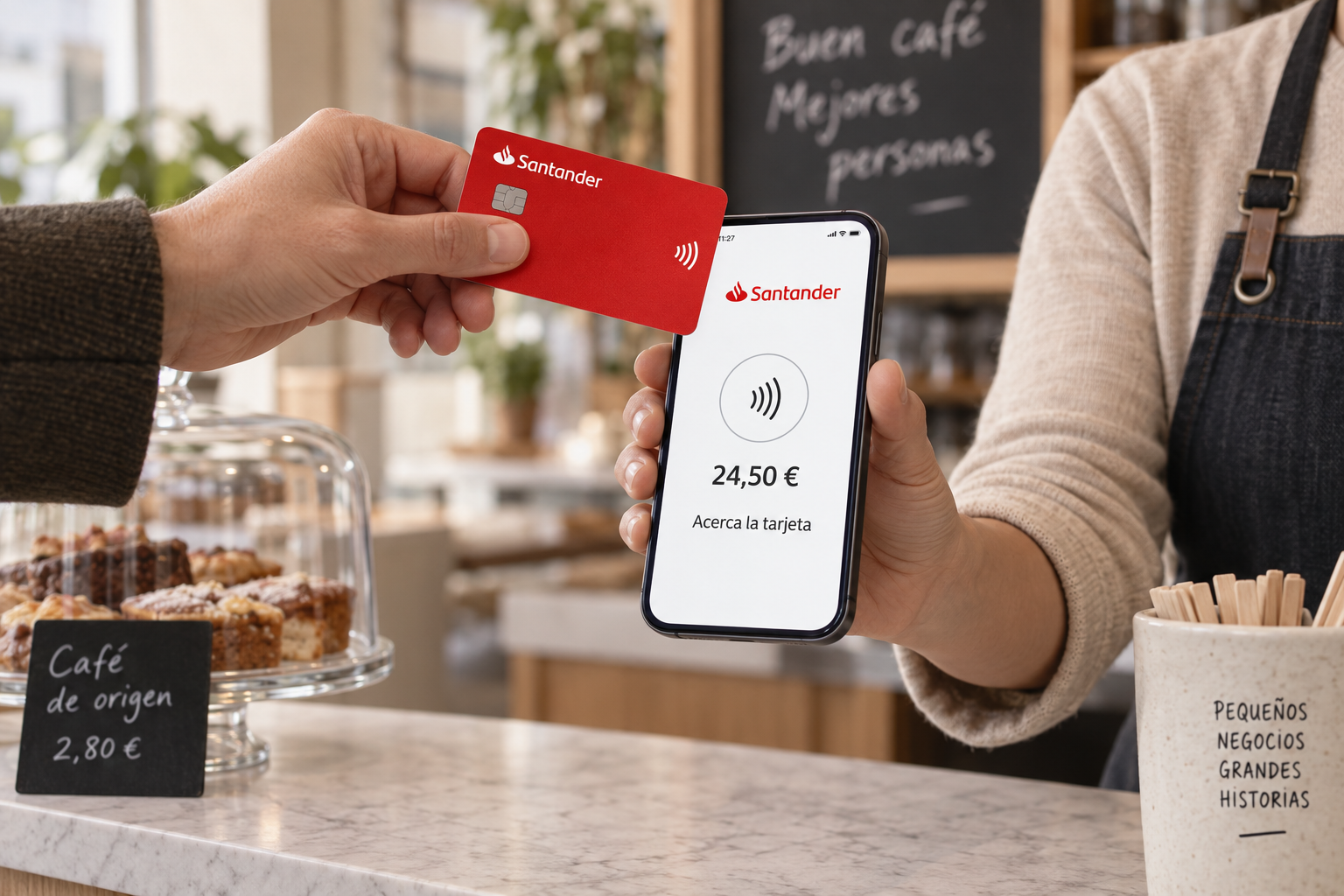 Pago contactless con una tarjeta Santander y un móvil en una cafetería